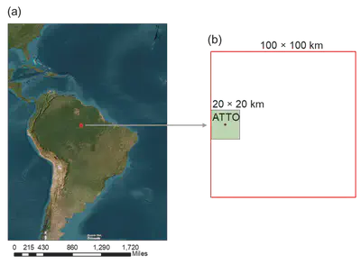 (a) Depicts the geographical location of the Amazon Tall Tower Observatory (ATTO) in the Brazilian Amazon Rainforest, which has been selected as the focal point of this study. (b) highlights the precise buffer zone that has been defined for the present work.